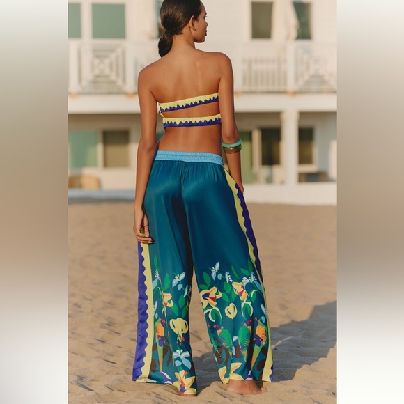 Anthropologie Celandine x Claire Colin Teal Wide Leg Drawstring Pants L Spring - Picture 4 of 8